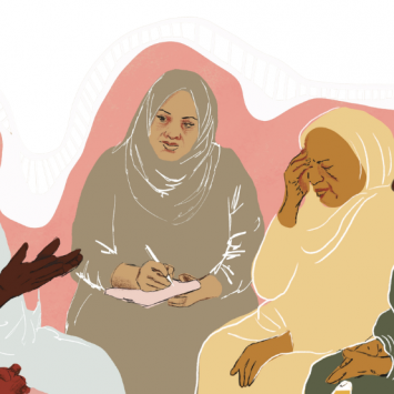 Ilustração usada para acompanhar o relatório de MSF sobre violência sexual em Darfur, "Há algo que quero te contar...": Sobreviver à crise da violência sexual em Darfur. ©MSF