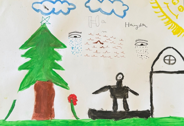Desenho feito por Haidar, de 15 anos de idade, paciente de MSF no Líbano. A imagem retrata o menino brincando ao lado de fora de sua casa na Síria, seu país de origem. ©MSF
