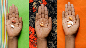 Diferentes medicamentos que uma pessoa vivendo com HIV pode tomar diariamente. © Michel Lunanga/MSF