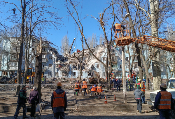 View of the residential buildings destroyed by a missile in Zaporizhzhia on March 02, 2023.