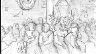 Ilustração representa atividade de saúde mental em uma das clínicas móveis de MSF em Aswan, no sul do Egito, realizadas em parceria com a Fundação Om Habibeh. ©Dora Naliesna/MSF