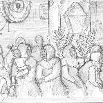 Ilustração representa atividade de saúde mental em uma das clínicas móveis de MSF em Aswan, no sul do Egito, realizadas em parceria com a Fundação Om Habibeh. ©Dora Naliesna/MSF