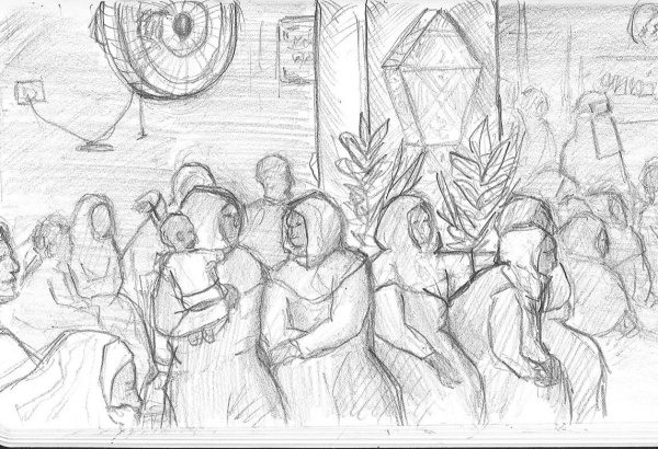 Ilustração representa atividade de saúde mental em uma das clínicas móveis de MSF em Aswan, no sul do Egito, realizadas em parceria com a Fundação Om Habibeh. ©Dora Naliesna/MSF