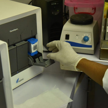 Uma amostra para detecção de tuberculose é inserida na máquina GeneXpert no laboratório de MSF no Hospital Geral de Kerema. Papua-Nova Guiné, 2017. © Sophie McNamara/MSF