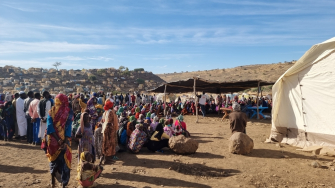 Pessoas deslocadas fazem fila para serem atendidas por MSF no acampamento de deslocados de Feina, Sudão. @Julie Melichar/MSF