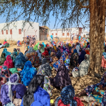 Pessoas deslocadas aguardam sob uma árvore para serem atendidas por profissionais de MSF no acampamento de Feina, no Sudão. Fevereiro de 2026. ©Julie Melichar