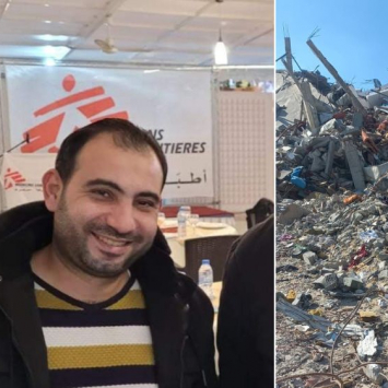 À esquerda, Bilal Okal, profissional de MSF morto em Gaza; à direita, os escombros do prédio em que ele residia, após ataque aéreo israelense em Jabalia, norte de Gaza. © MSF