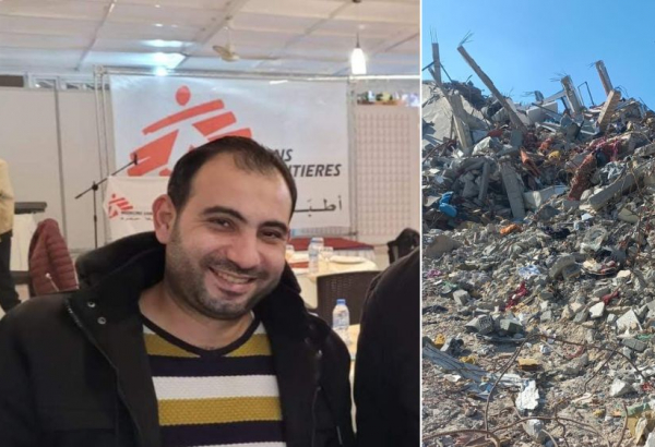 À esquerda, Bilal Okal, profissional de MSF morto em Gaza; à direita, os escombros do prédio em que ele residia, após ataque aéreo israelense em Jabalia, norte de Gaza. © MSF